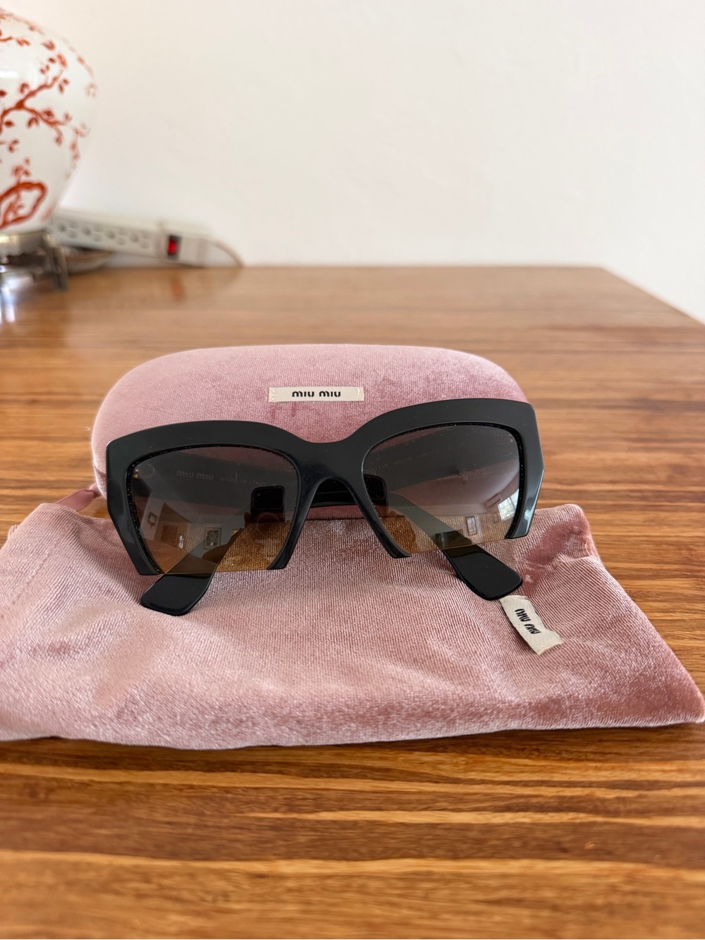 Miu Miu Semi Rimless Black Cat-Eye Sunglasses with Pink Velvet Case